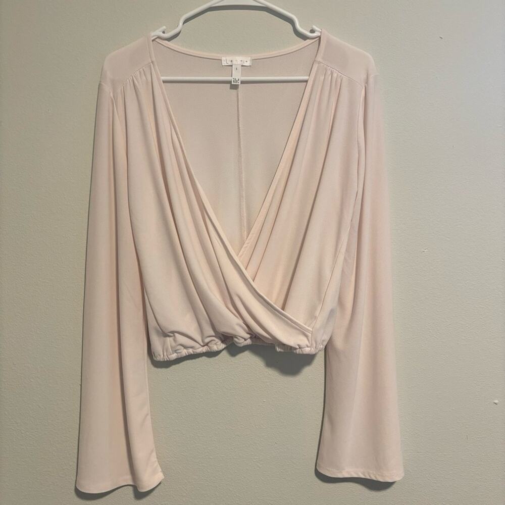 Leith Blush Pink Deep V-Neck Surplice Crop Top Bell Sleeve Faux Wrap Size S